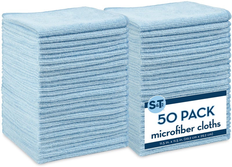 S&T INC. 50 Pack Microfiber Cleaning Cloth, Bulk Towels for Home, Reusable Microfiber Towels for Cars, Cleaning Rags, Light Blue, 11.5 Inches x 11.5 Inches, 50 Count - Image 1